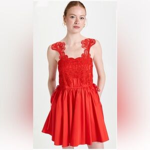 NWT Self-Portrait Romantic Red Macrame Lace Organic Cotton Mini Dress Size 8